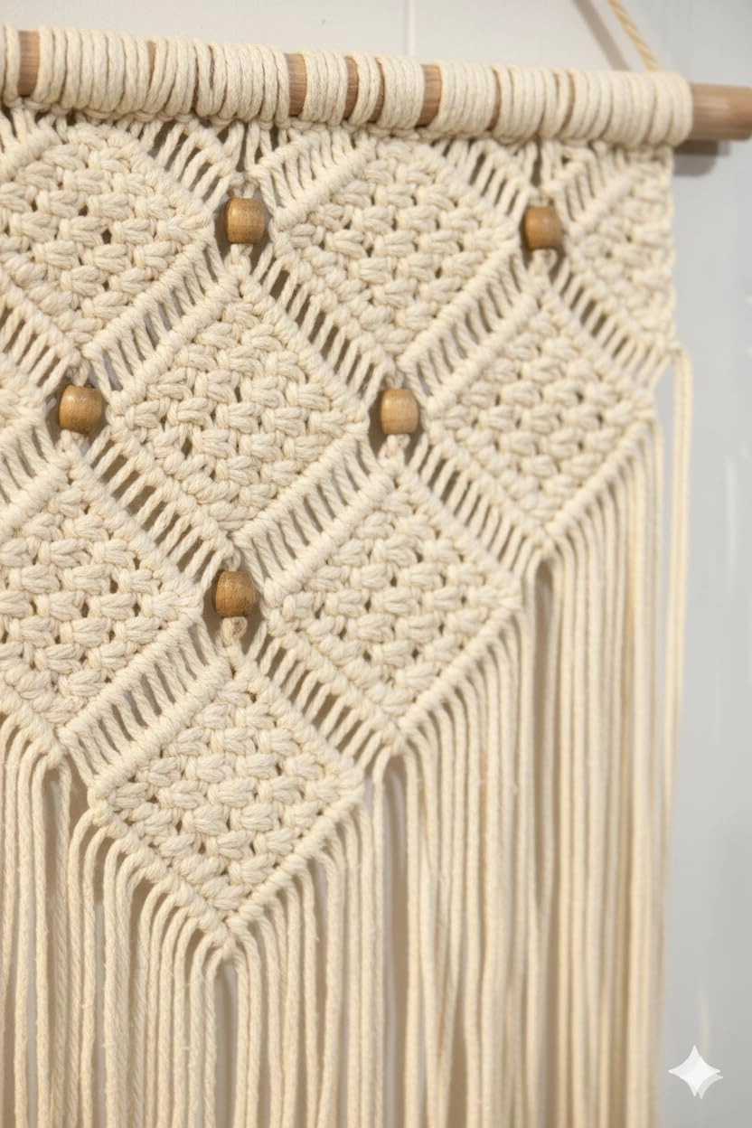 Handmade Bohemian Macrame Wall Hanging with Wooden Beads – Natural Cotton Woven Tapestry for Living Room, Bedroom & Home Decor
