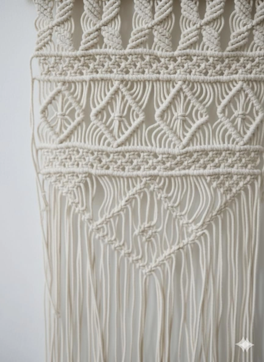 Handmade Bohemian Macrame Wall Hanging – Intricate Woven Cotton Tapestry with Diamond Patterns & Cascading Fringe for Living Room & Bedroom Decor