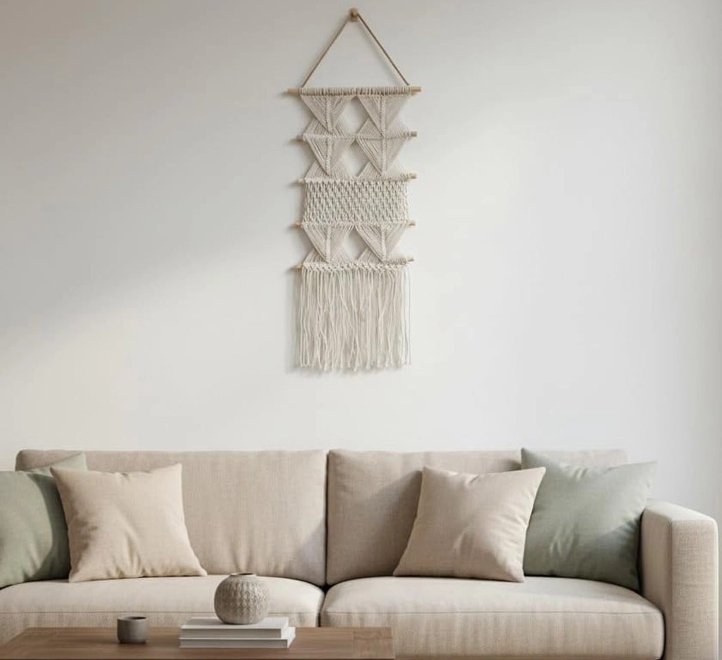 Handmade Multi-Tiered Geometric Macrame Wall Hanging – Woven Cotton Tapestry with Wooden Dowels & Tassel Fringe for Boho Home Decor