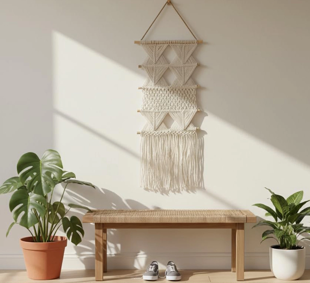 Handmade Multi-Tiered Geometric Macrame Wall Hanging – Woven Cotton Tapestry with Wooden Dowels & Tassel Fringe for Boho Home Decor