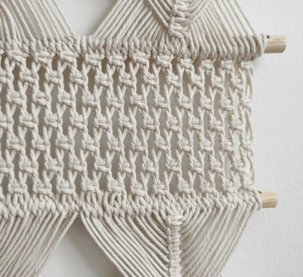 Handmade Multi-Tiered Geometric Macrame Wall Hanging – Woven Cotton Tapestry with Wooden Dowels & Tassel Fringe for Boho Home Decor