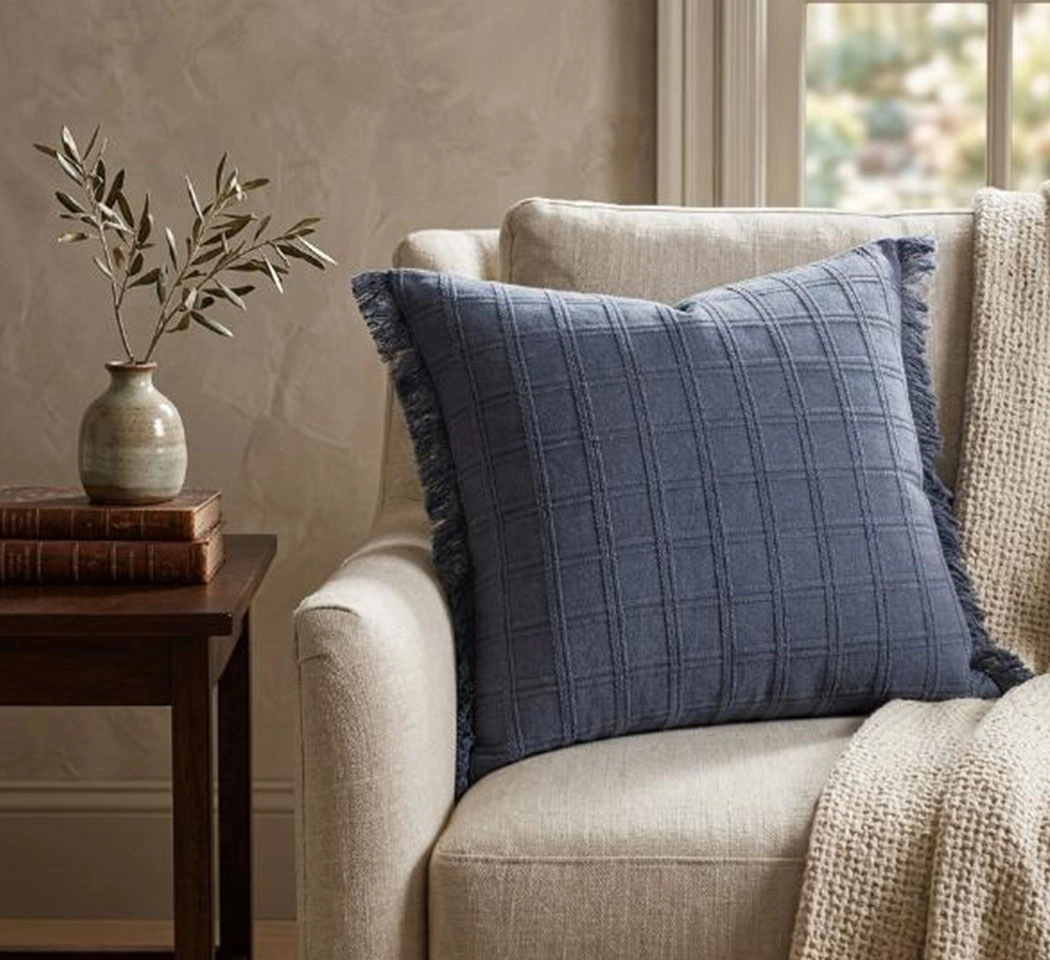 Stonewashed Cotton Fringed Grid Cushion Cover - 20x20 Slate Blue Pack of 2
