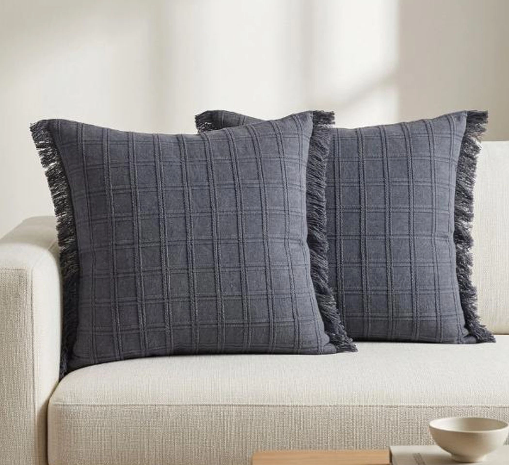 Stonewashed Cotton Fringed Grid Cushion Cover - 20x20 Slate Blue Pack of 2