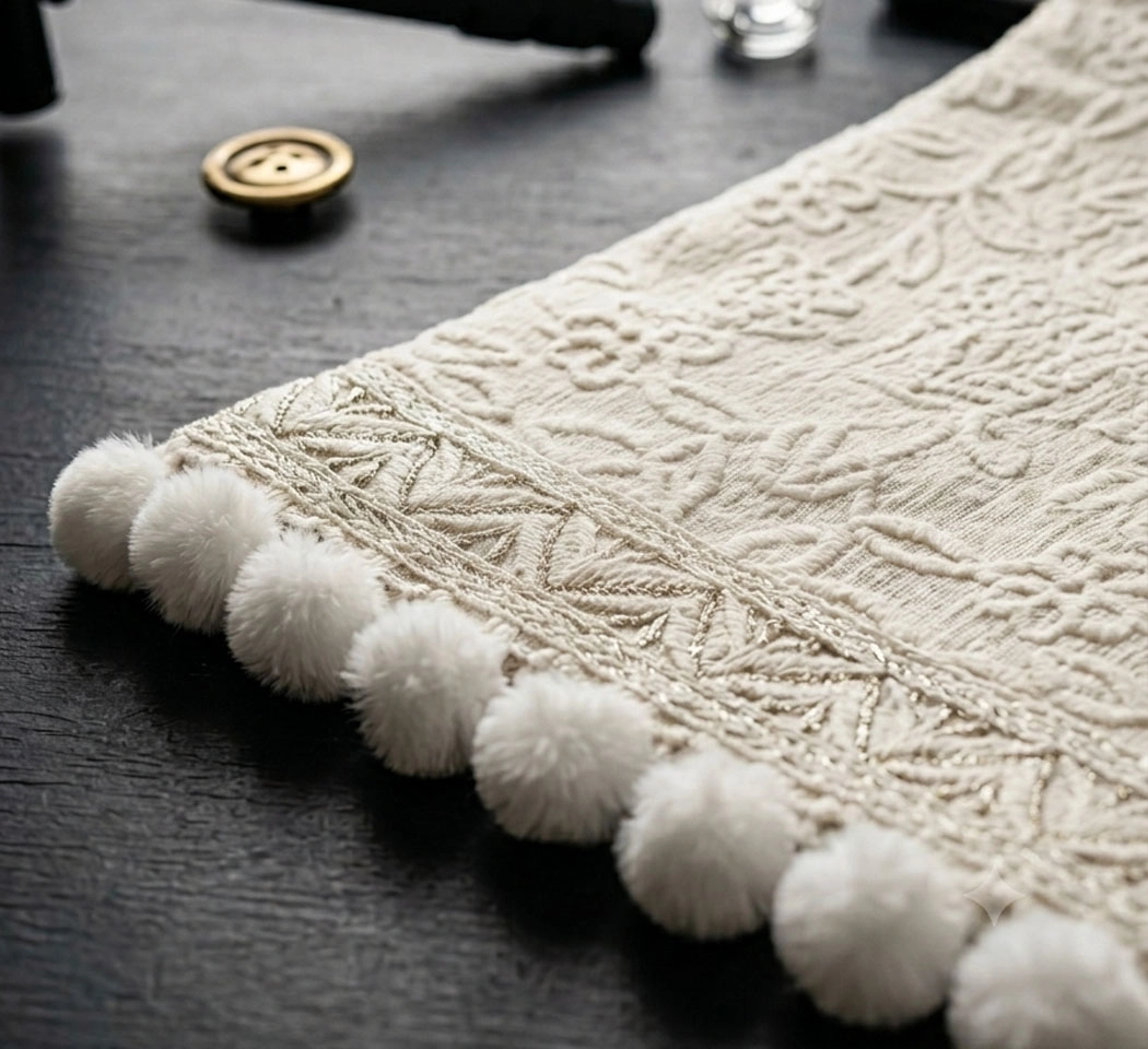 Elegant Cream Woven Chenille Sofa Panel with Embroidered Lace & Pompom Trim (73