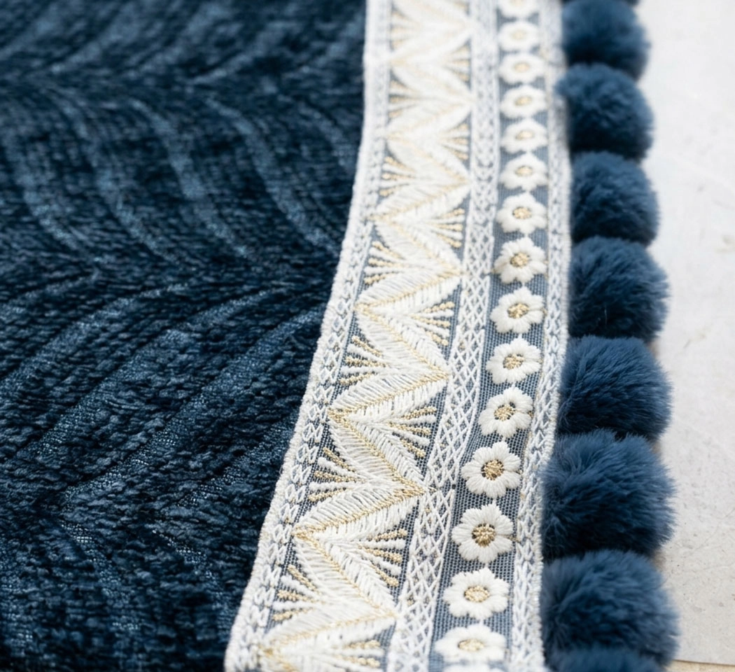 Royal Navy Blue Woven Chenille Sofa Panel with Embroidered Lace & Pompom Trim (73