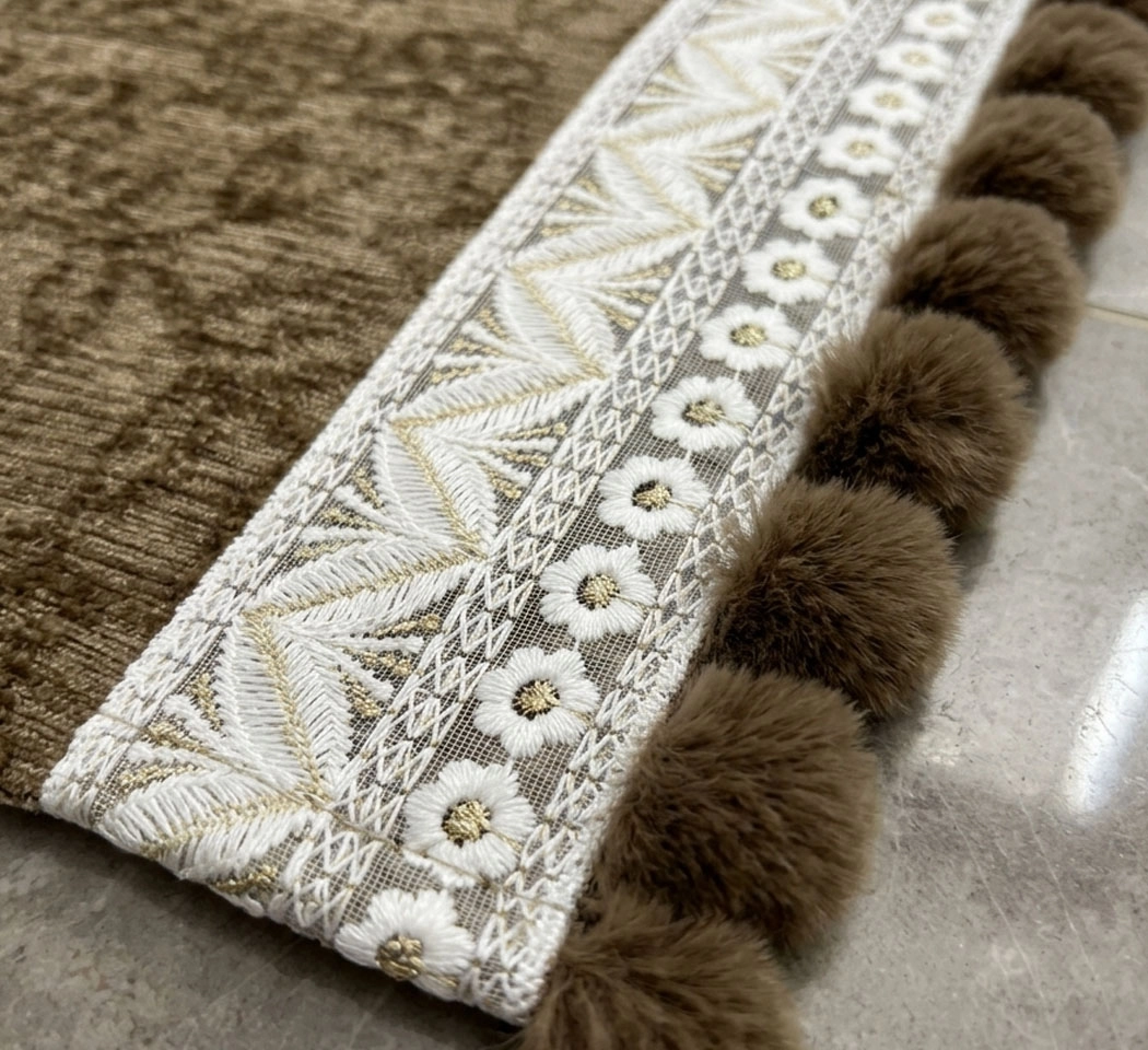 Warm Coffee Brown Woven Chenille Sofa Panel with Embroidered Lace & Pompom Trim (73