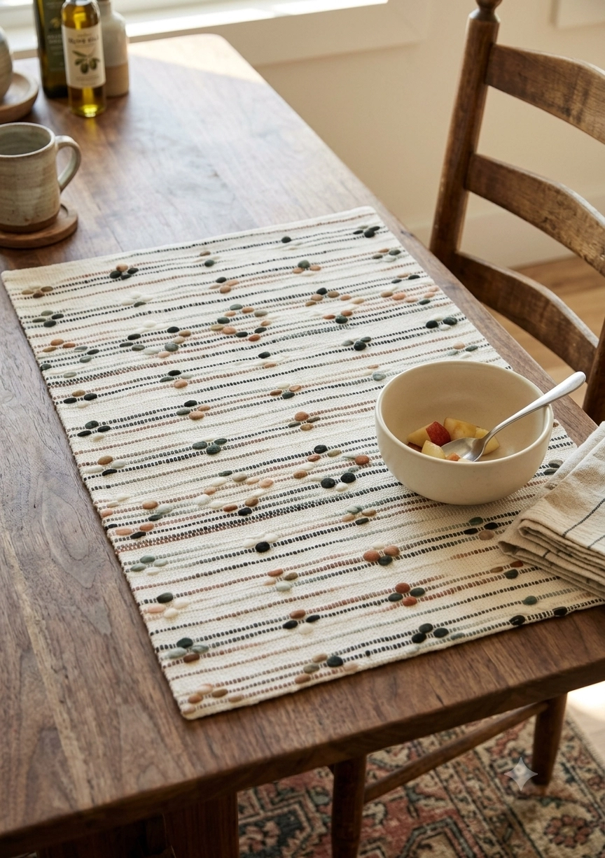 Handwoven Textured Cotton Acrylic Cushion Cover, Place Mat & Runner Set