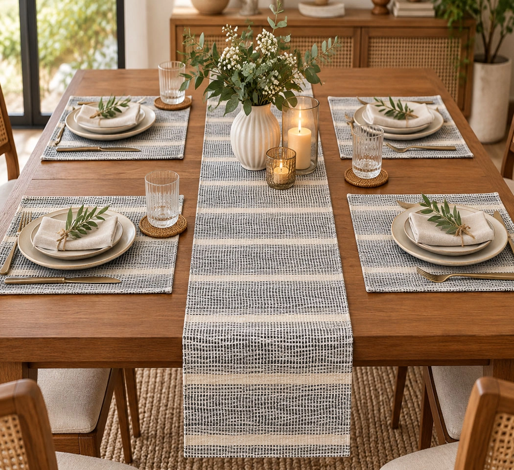 Textured Woven Table Runner & Place Mat Set – Neutral Striped Design, Pack of 5 Pieces