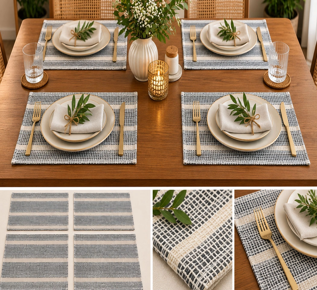 Textured Woven Table Runner & Place Mat Set – Neutral Striped Design, Pack of 5 Pieces