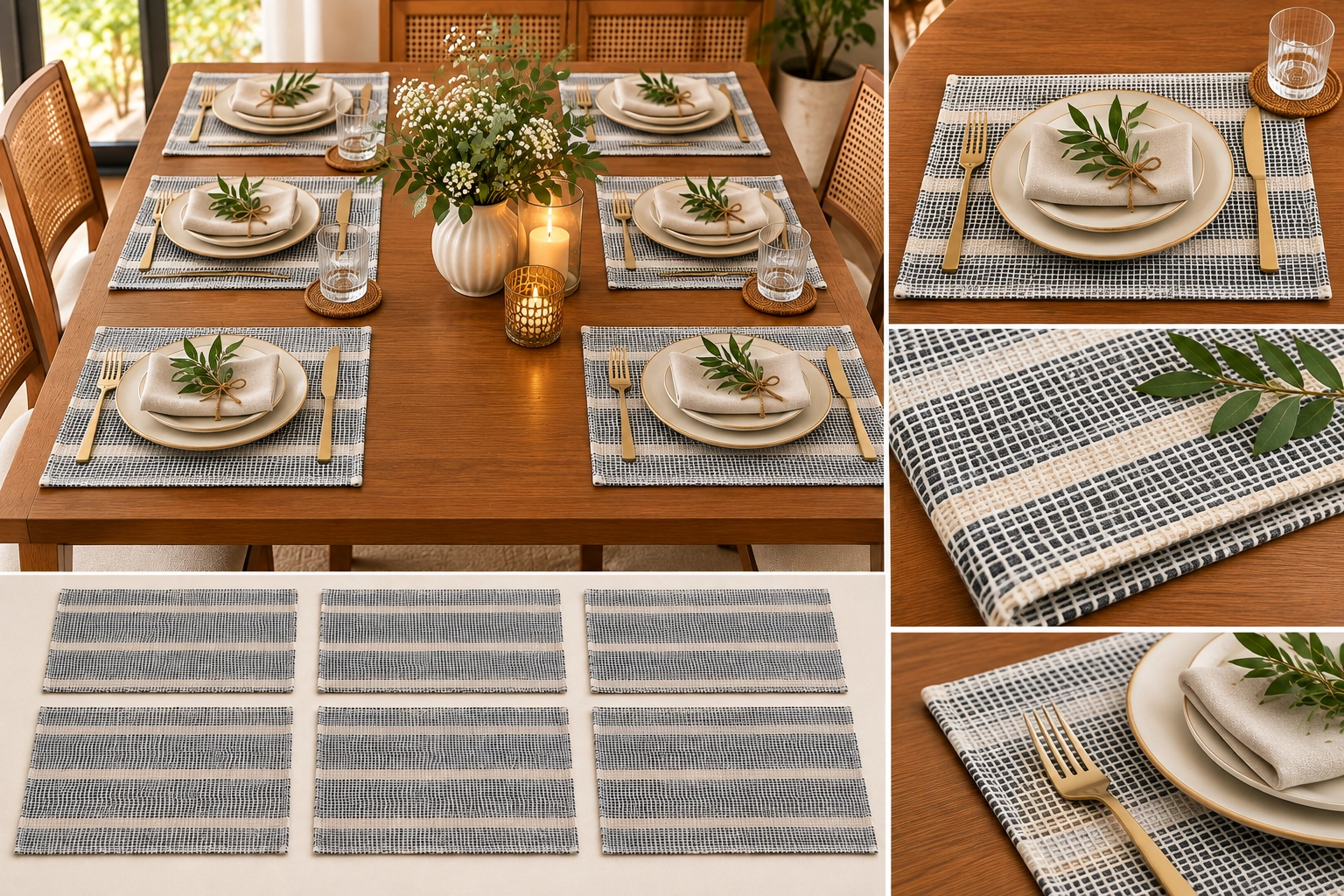 Textured Woven Place Mats – Neutral Striped Design for Dining Table, Pack of 6