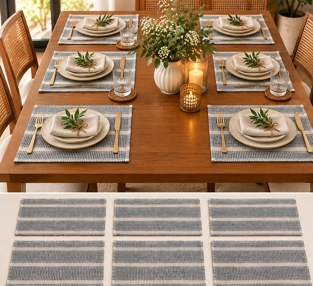 Textured Woven Place Mats – Neutral Striped Design for Dining Table, Pack of 6