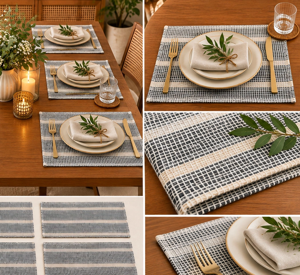 Textured Woven Place Mats – Neutral Striped Design for Dining Table, Pack of 6