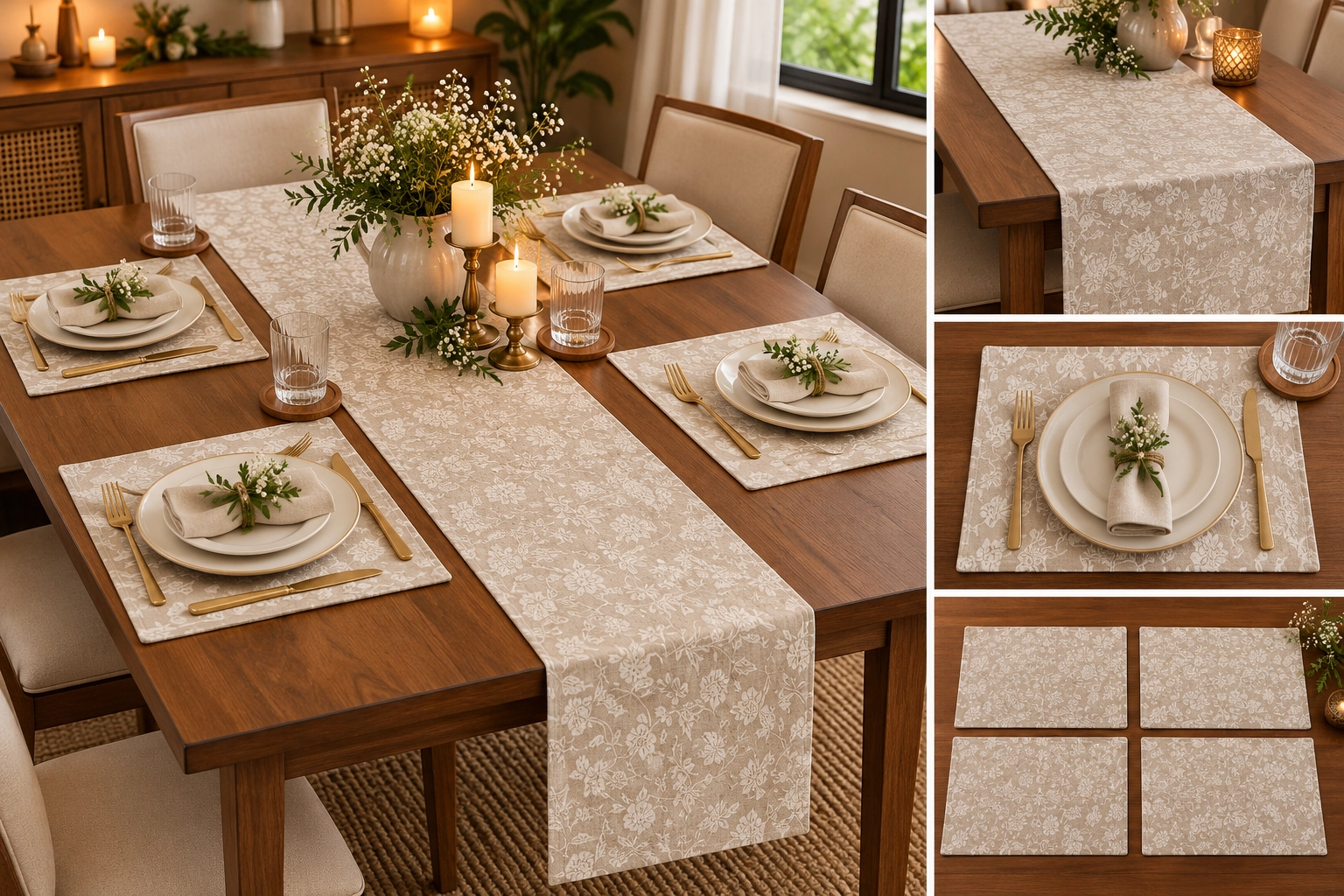 Textured Floral Table Runner & Place Mats Set – Botanical Design, 14 × 72 Inches Runner & 13 × 20 Inches Place Mats, Pack of 5