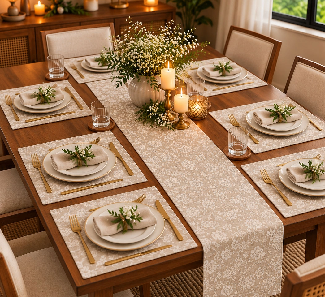 Textured Floral Table Runner & Place Mats Set – Botanical Design, 14 × 72 Inches Runner & 13 × 20 Inches Place Mats, Pack of 7