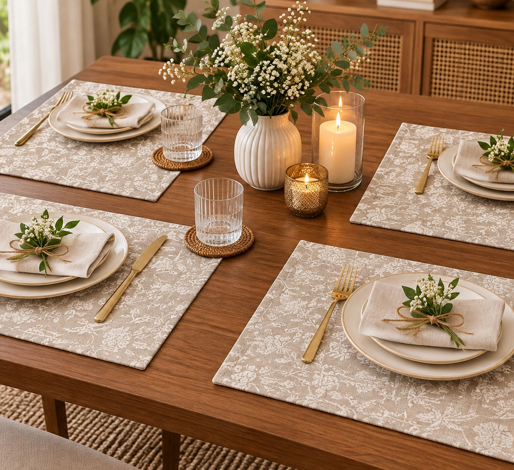 Textured Floral Place Mats – Botanical Design for Dining Table, Set of 4, 13 × 20 Inches