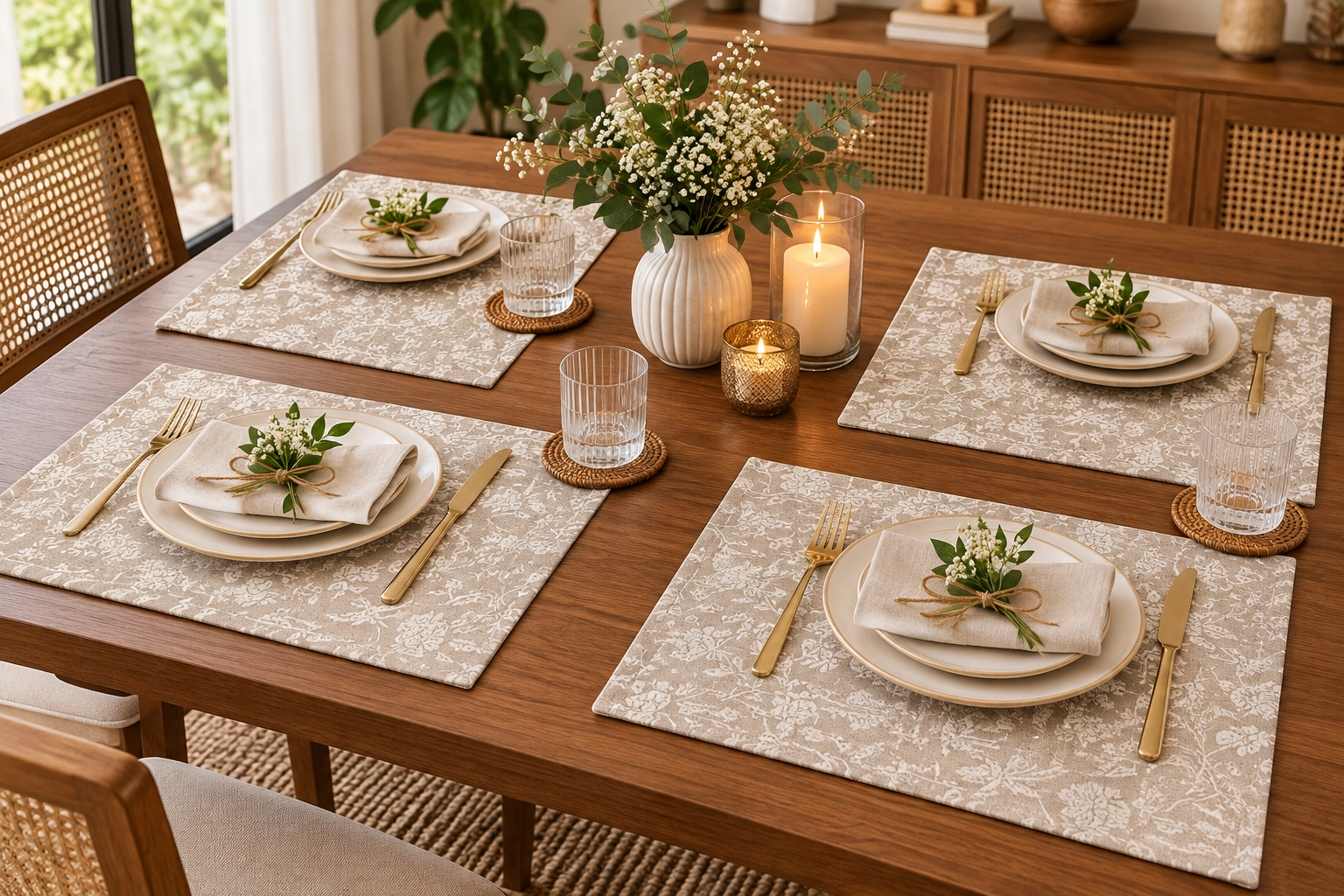 Textured Floral Place Mats – Botanical Design for Dining Table, Set of 4, 13 × 20 Inches