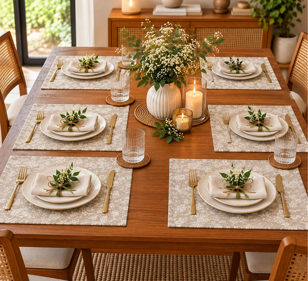 Textured Floral Place Mats – Botanical Design for Dining Table, Set of 6, 13 × 20 Inches