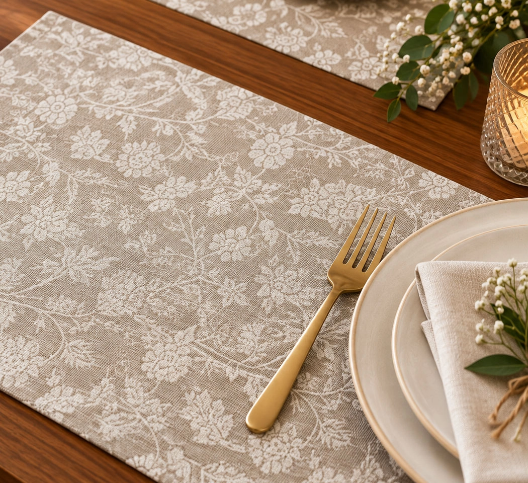 Textured Floral Place Mats – Botanical Design for Dining Table, Set of 6, 13 × 20 Inches