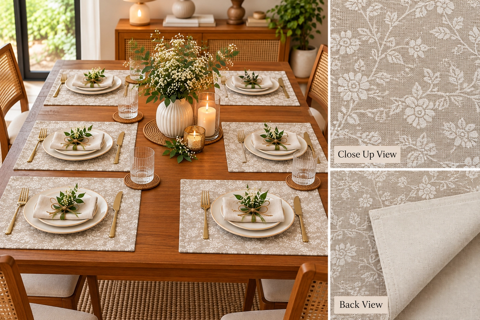 Textured Floral Place Mats – Botanical Design for Dining Table, Set of 6, 13 × 20 Inches
