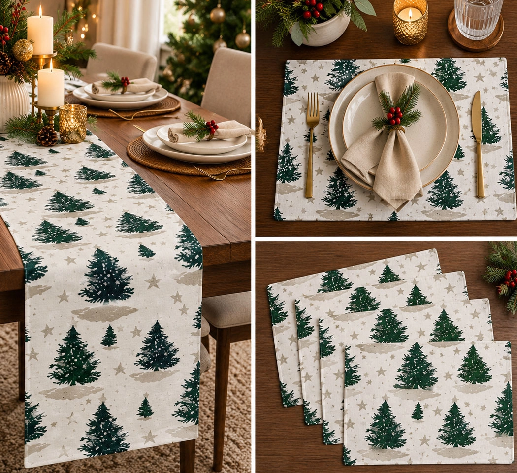 Christmas Tree Printed Table Runner & Place Mats Set – Festive Holiday Dining Table Decor, Pack of 5