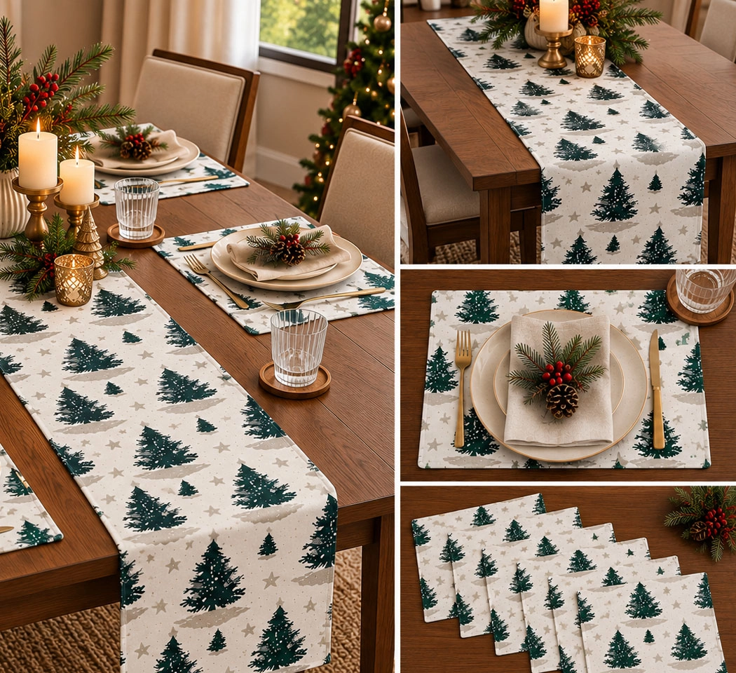 Christmas Tree Printed Table Runner & Place Mats Set – Festive Holiday Dining Table Decor, Pack of 5