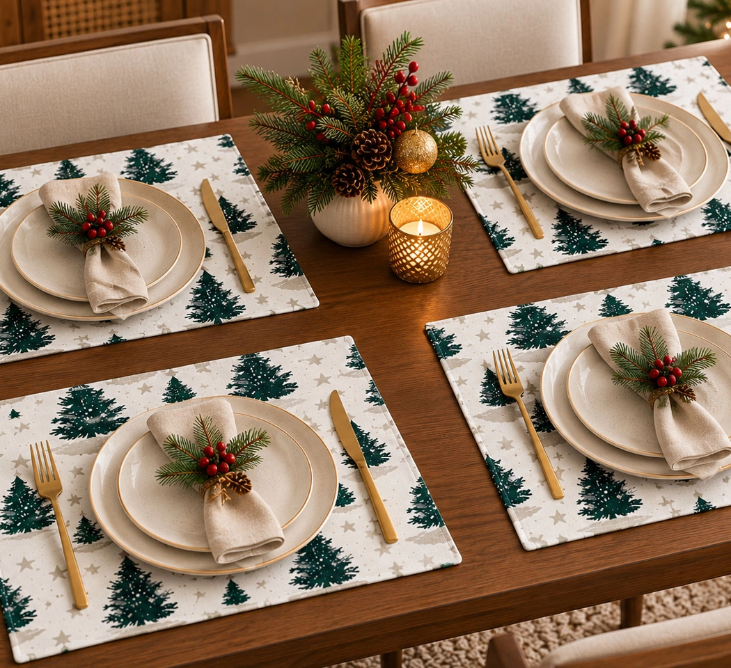 Christmas Tree Printed Place Mats – Festive Holiday Dining Table Decor, Pack of 4, 13 × 20 Inches