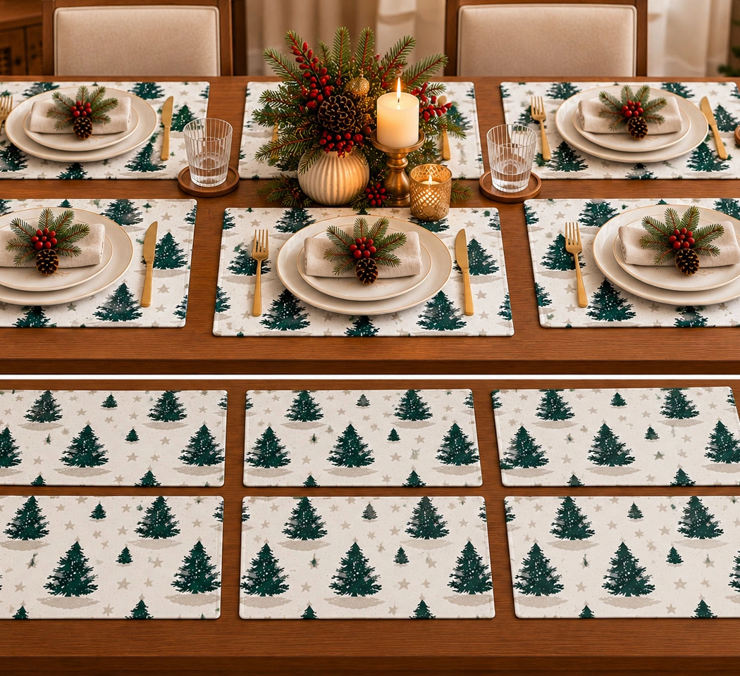 Christmas Tree Printed Place Mats – Festive Holiday Dining Table Decor, Pack of 6, 13 × 20 Inches