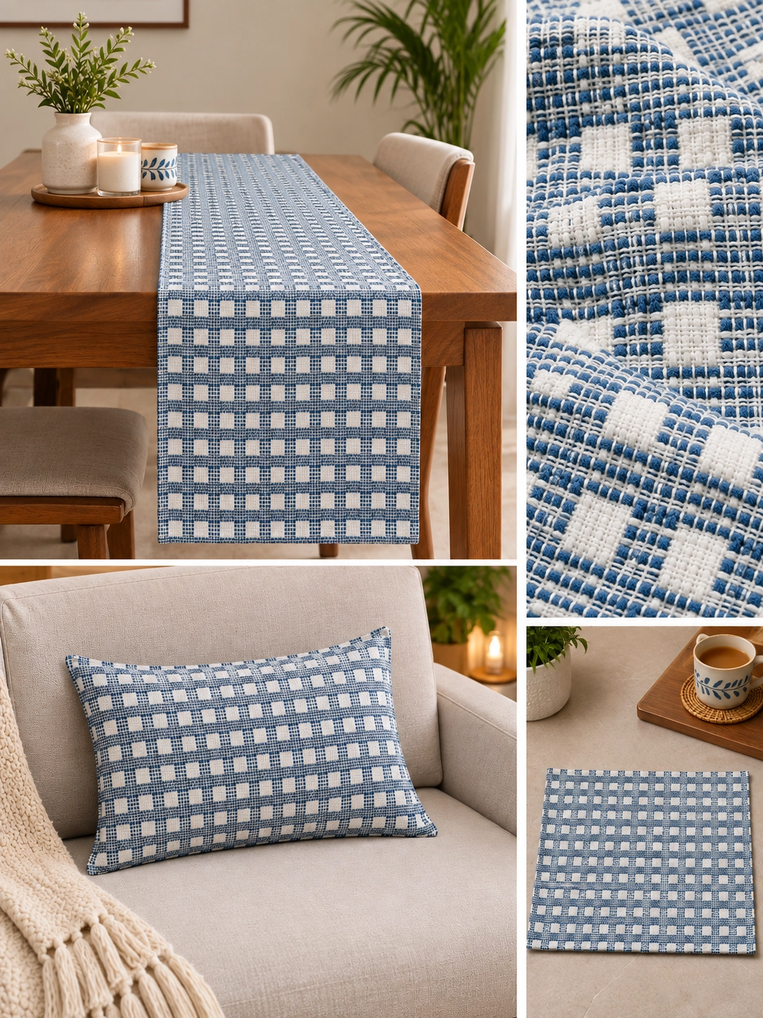 Handcrafted Blue and White Checkered Cotton Pillow, Mat & Table Runner Combo