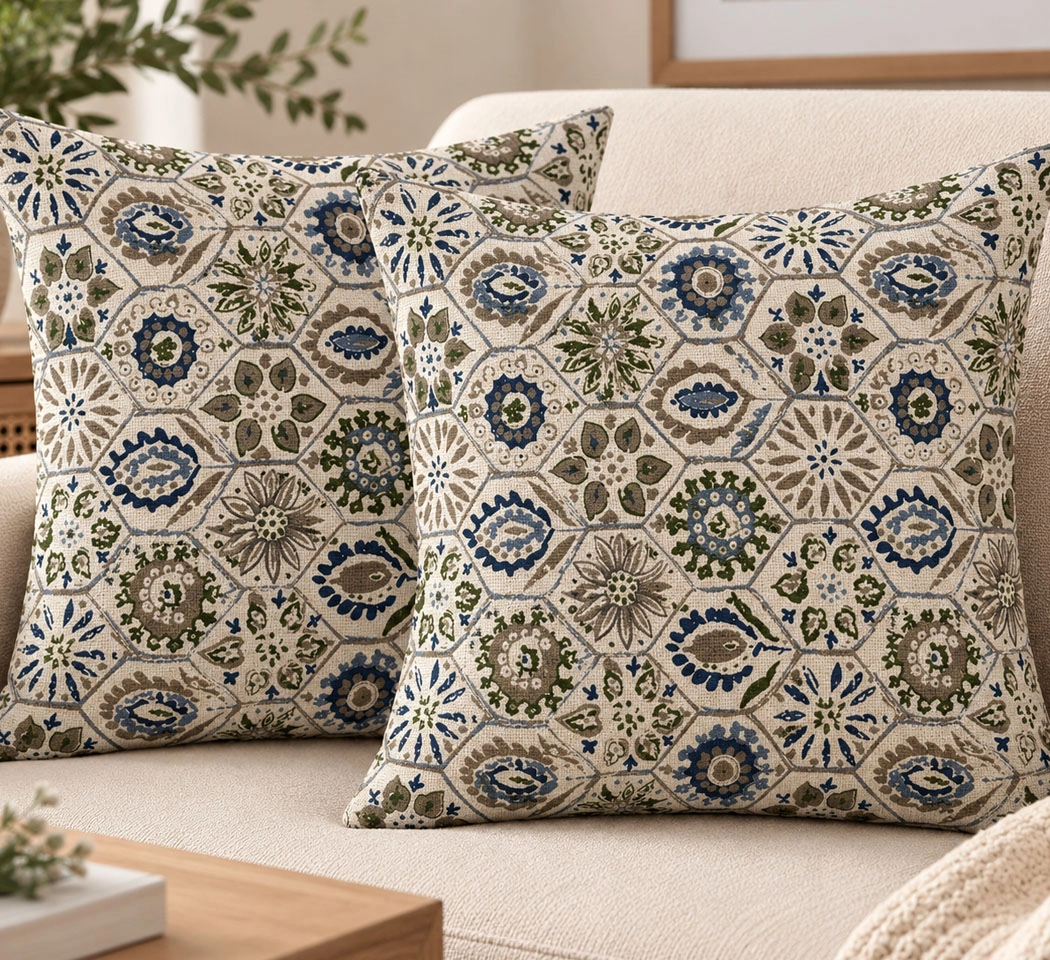 Weave India Multicolour Geometric Floral Printed Cushion Covers – Pack of 2, 18x18 Inches