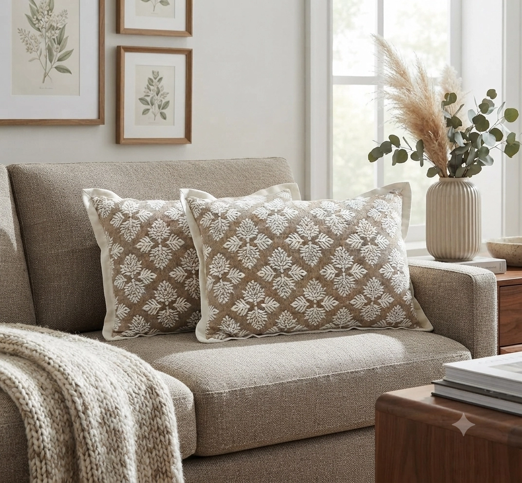 Woven Cotton Cushion Cover with Floral Print & Natural Cotton Border – 14×24 Inches | Pack of 2