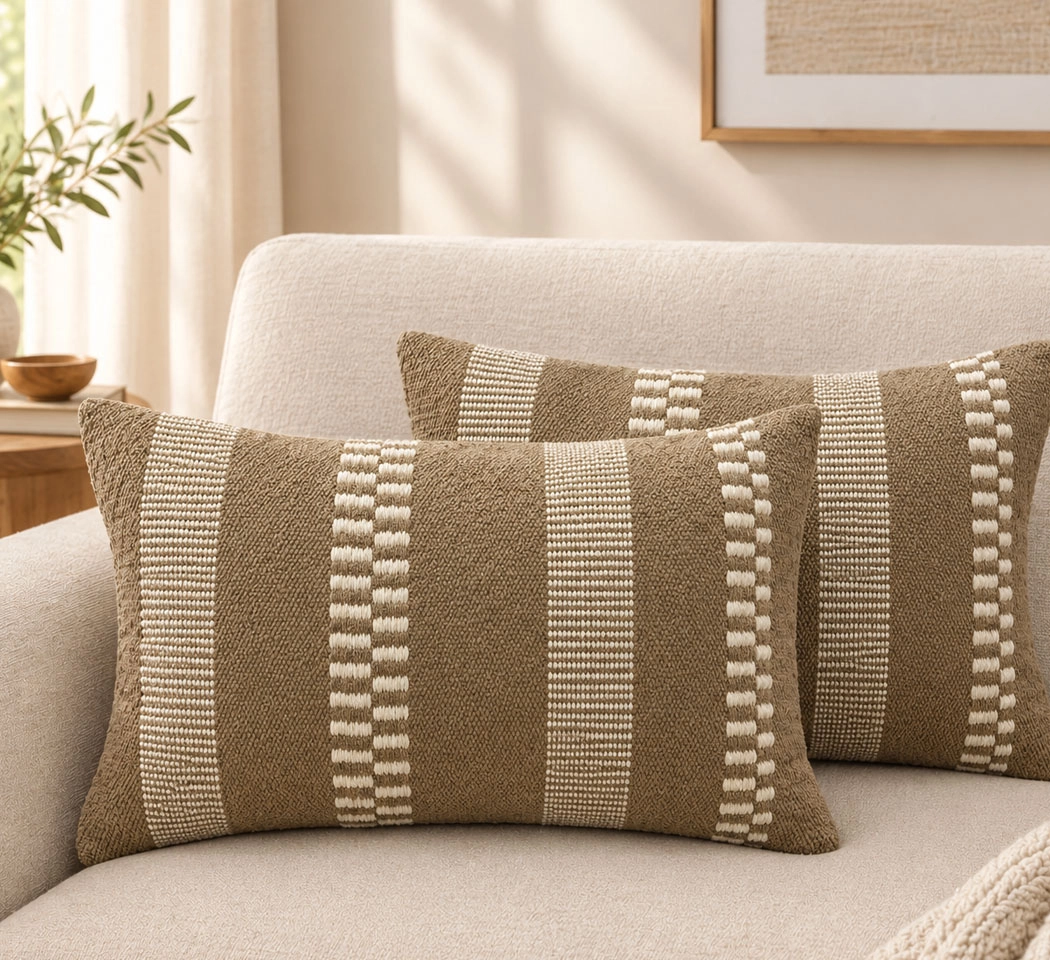 Woven Cotton Cushion Cover – Taupe Brown & Ivory Striped, 14×24 Inches (Pack of 2)