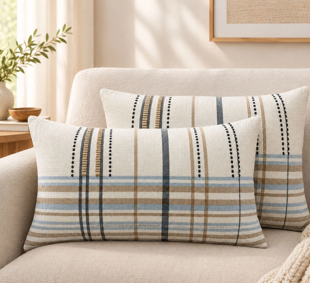 Woven Cotton Cushion Cover – Multicolor Checkered & Striped, 14×24 Inches (Pack of 2)
