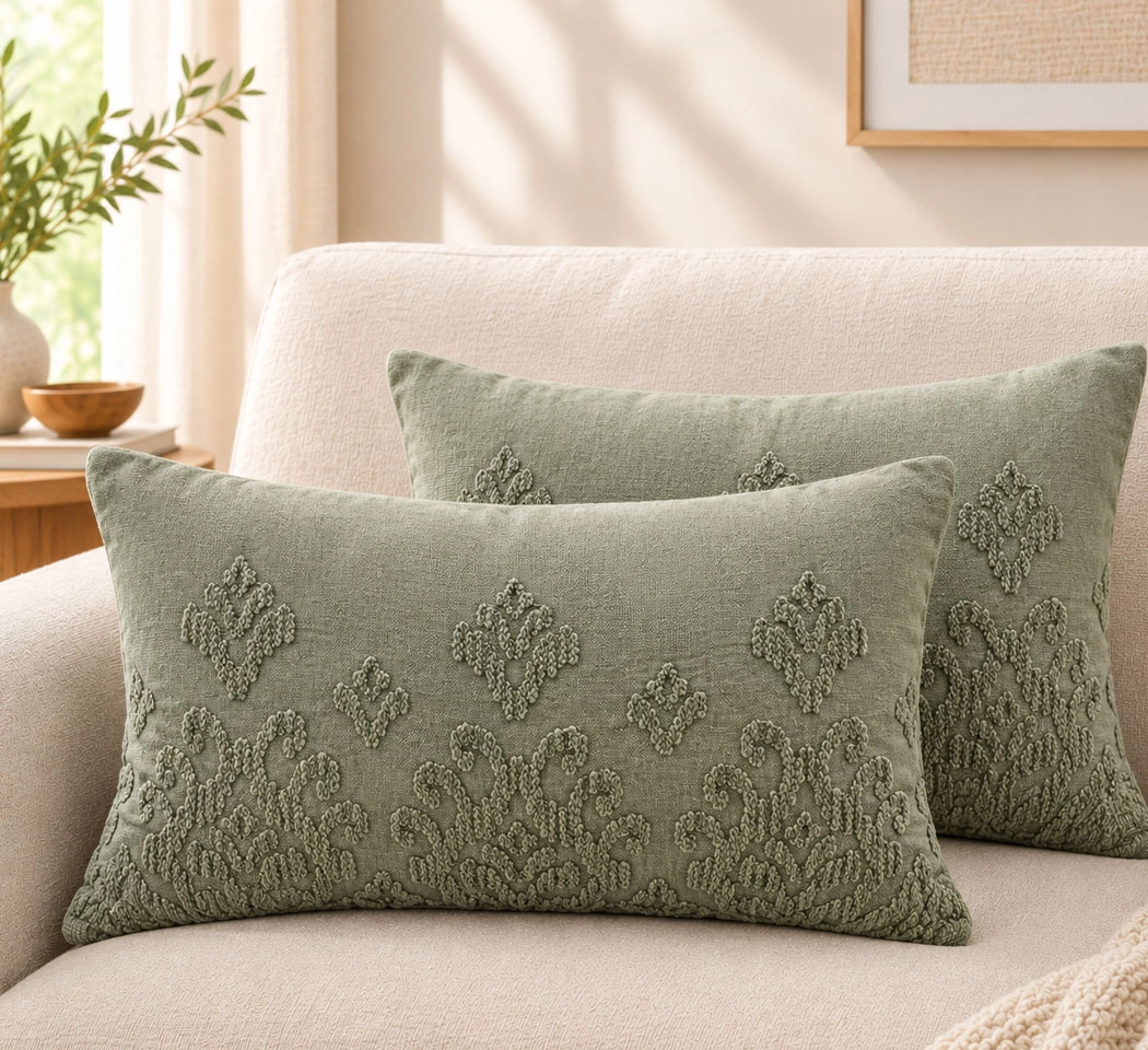 Stone Wash Embroidered Cotton Cushion Cover – Sage Green, 14×20 Inches (Pack of 2)