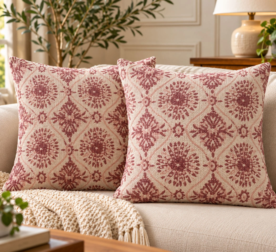 Weave India Natural & Pink Floral Printed Cushion Covers – Pack of 2, 18x18 Inches