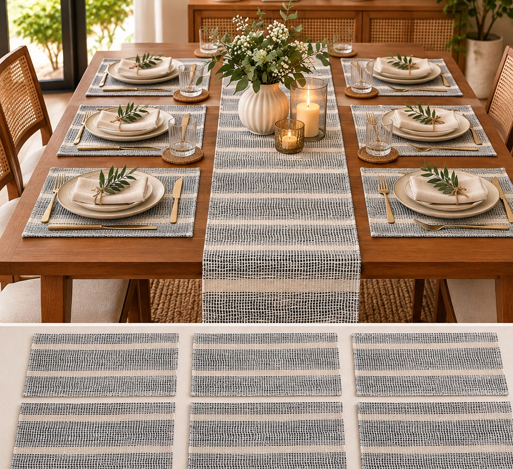 Textured Woven 1 Pc Table Runner & 6 Pc Place Mat Set – Neutral Striped Design, Pack of 7 Pieces