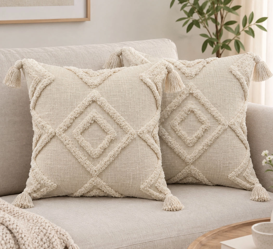 Pack of 2 Cream Cotton Tassel Cushion Covers – Textured Tufted Geometric Cushion Covers with Decorative Tassels, 18x18 Inches