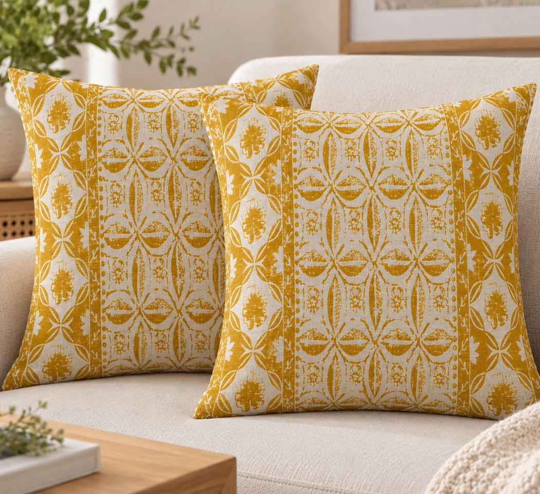 Weave India Mustard Yellow & Natural Printed Cushion Covers – Pack of 2, 18x18 Inches