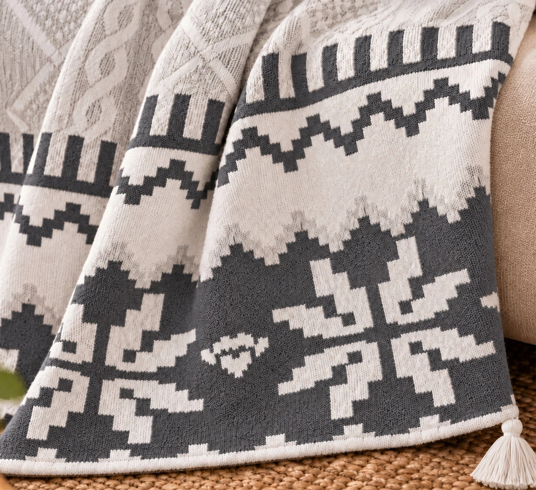 Grey Cotton Polyester Throw Blanket with Tassel – 50 × 60 Inches Throw