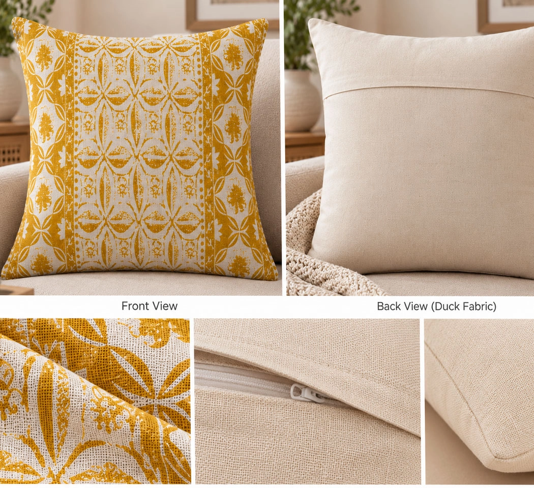 Weave India Mustard Yellow & Natural Printed Cushion Covers – Pack of 2, 18x18 Inches