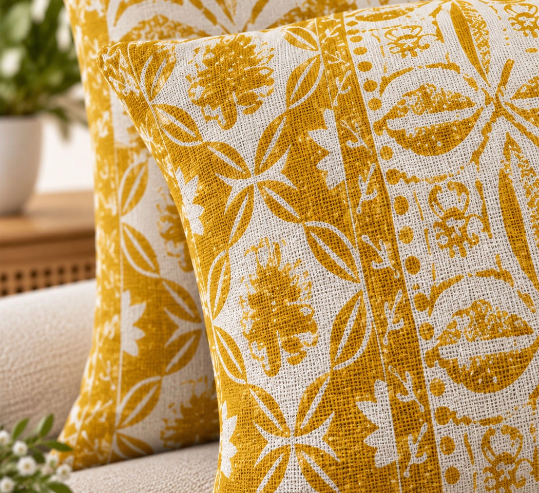 Weave India Mustard Yellow & Natural Printed Cushion Covers – Pack of 2, 18x18 Inches