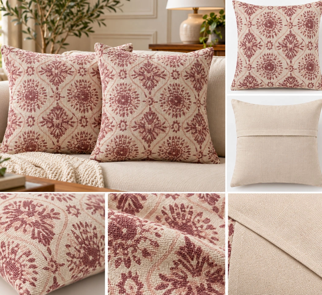 Weave India Natural & Pink Floral Printed Cushion Covers – Pack of 2, 18x18 Inches