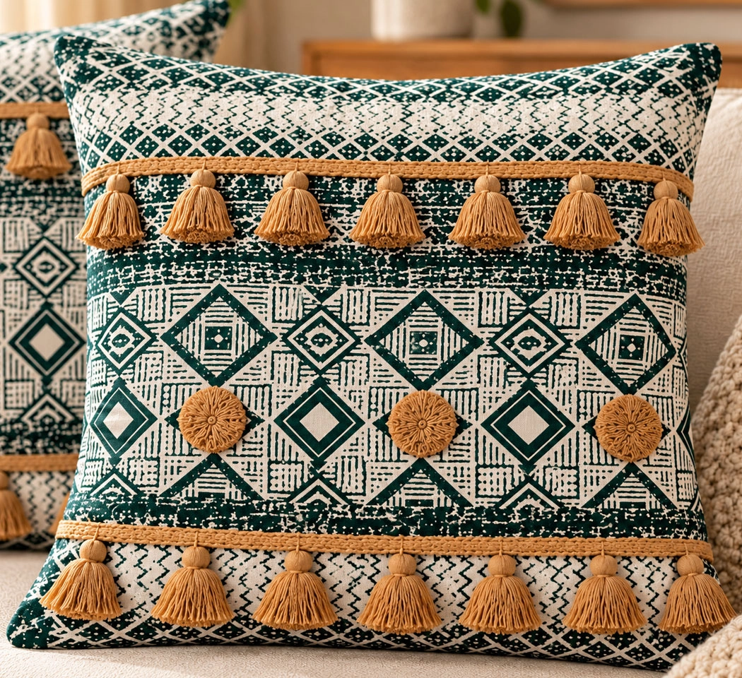 Weave India Dark Green Geometric Tassel Cushion Covers – Pack of 2, 18x18 Inches