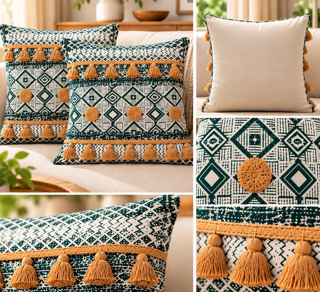 Weave India Dark Green Geometric Tassel Cushion Covers – Pack of 2, 18x18 Inches