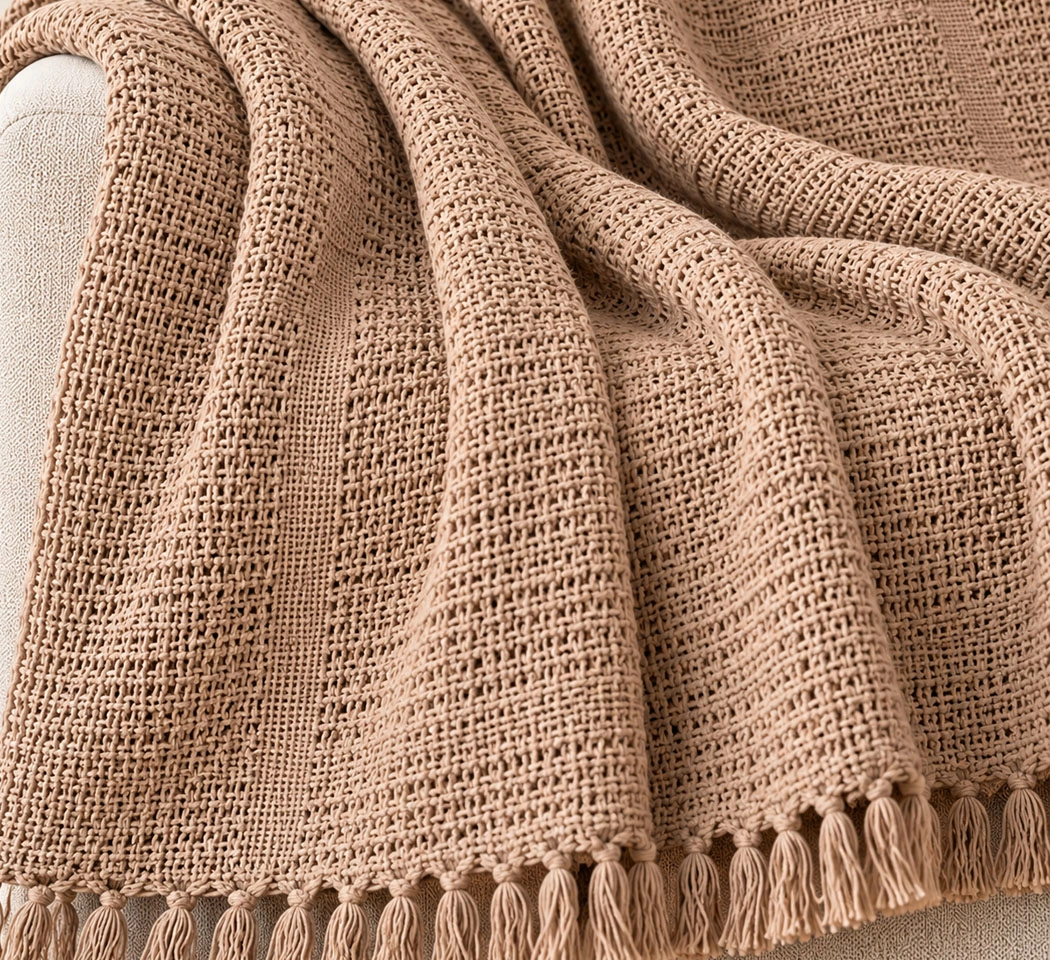 Weave India Taupe Cotton Waffle Weave Throw with Knotted Fringe – 50×60 Inches