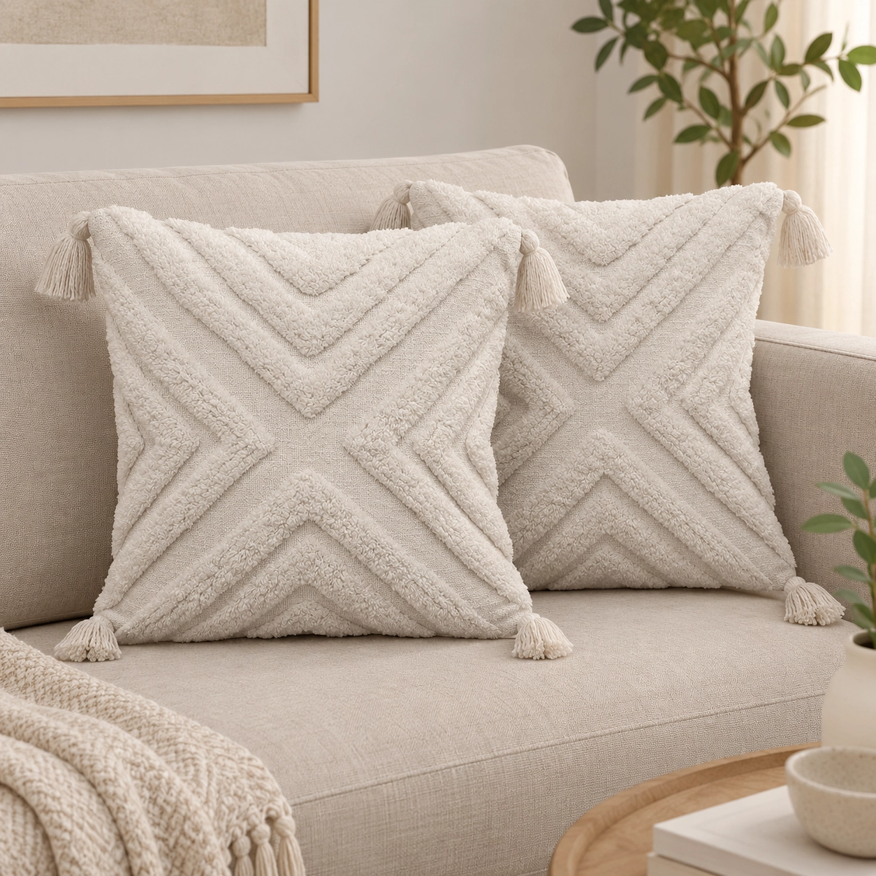 Textured Cream Chevron Cushion Cover with Tassels – 18×18 Inches (Pack of 2)