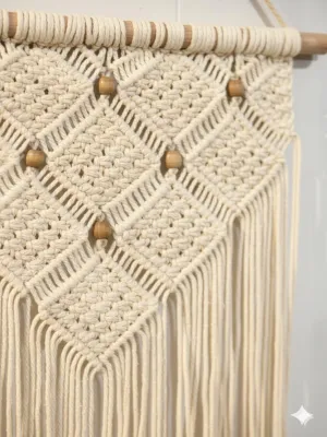 Handmade Bohemian Macrame Wall Hanging with Wooden Beads – Natural Cotton Woven Tapestry for Living Room, Bedroom & Home Decor