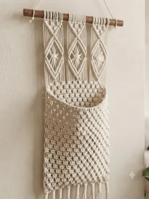 Handmade Macrame Wall Hanging with Pocket – 10 x 30 Inches | Boho Home Decor