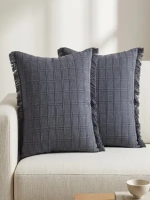 Stonewashed Cotton Fringed Grid Cushion Cover - 20x20 Slate Blue Pack of 2