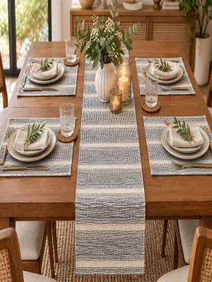 Textured Woven Table Runner & Place Mat Set – Neutral Striped Design, Pack of 5 Pieces