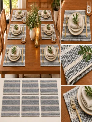 Textured Woven Place Mats – Neutral Striped Design for Dining Table, Pack of 6